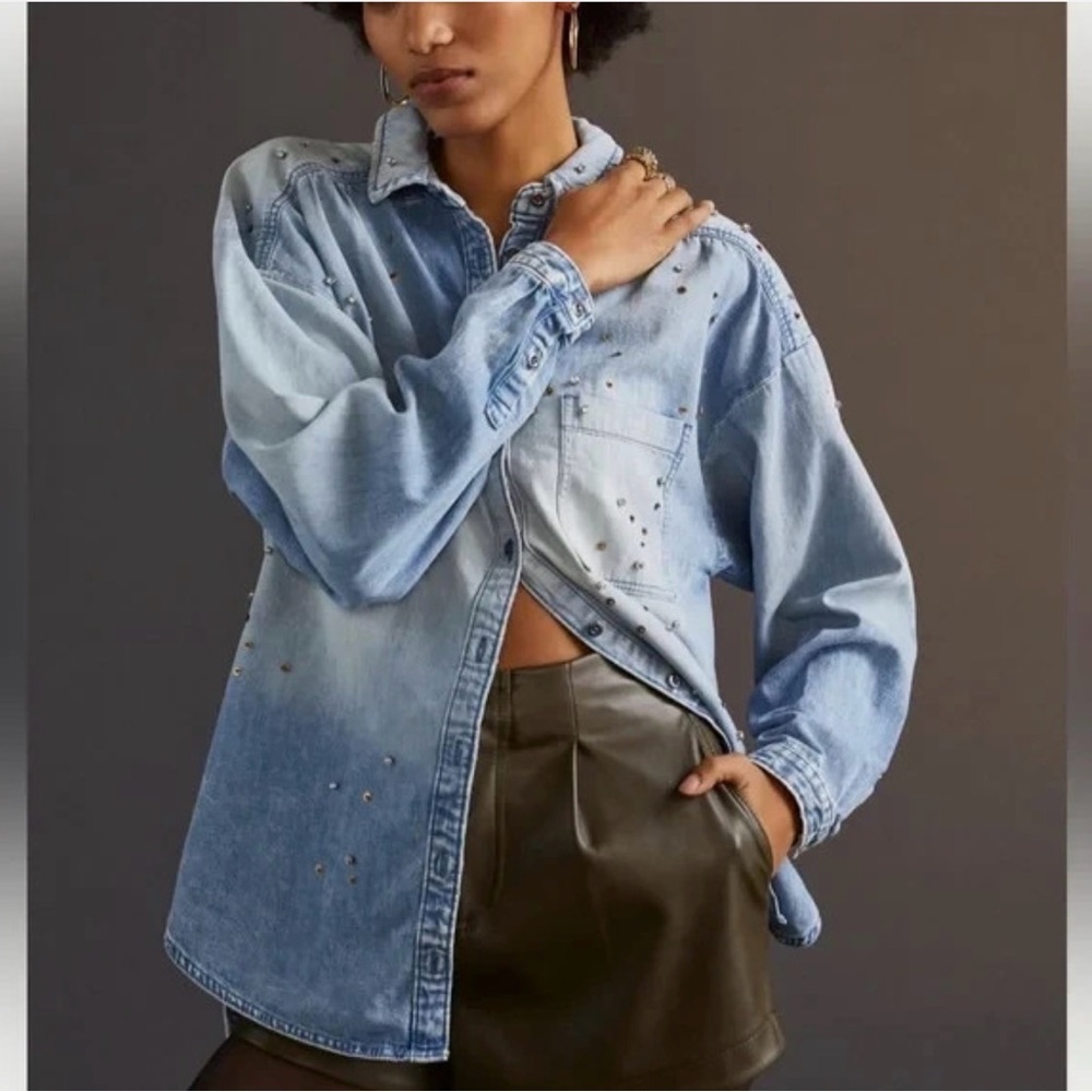 Pilcro Studded Light Wash Denim Shirt - Light Blue